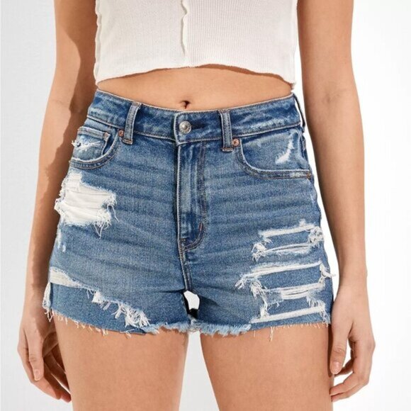 American Eagle Mom Short Distressed Stretch High Rise Blue Size 0 - Picture 1 of 11